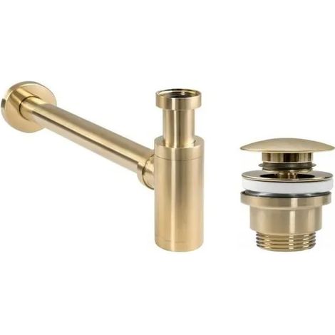 Bonde et siphon d'évier doré brossé Pollini KITSCA1ORS, kit complet de vidage et trop-plein, finition or brossé, accessoire de plomberie élégant pour lavabo. (1/3)