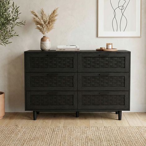 Commode 6 tiroirs style naturel, large meuble de rangement 115cm, façade effet rotin tressé, bois massif, buffet scandinave pour chambre, Noir