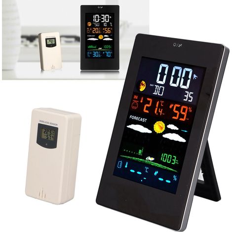 Multifunktionaler elektronischer Wecker mit großem Display, Feuchtigkeits- und Temperatursensor, Wetterstation und USB-Stromversorgung. (1/5)