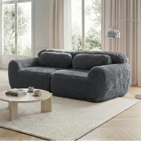 Divano 2 posti in tessuto plush grigio, design modulare senza struttura, pronto all’uso (1/5)