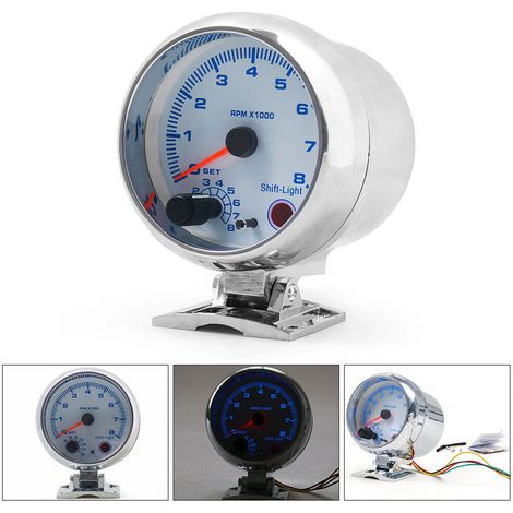 Tachymètre universel argenté pour voiture de 3.75 pouces, jauge bleue, lumière Inter Shift, 0-8000 tr/min. (1/4)