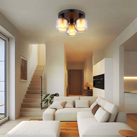 Plafonnier salon lampe chambre verre fumé 3xE27 noir mat