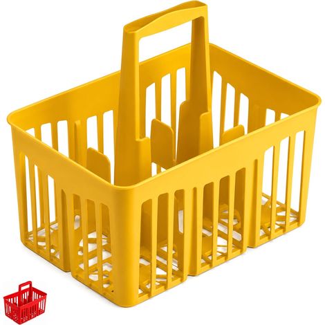 Cestello Portabottiglie a 6 Scomparti in Plastica - Misura 31x22x35 cm - Cestello con manico per trasporto e Impilabile - (Giallo) (1/4)