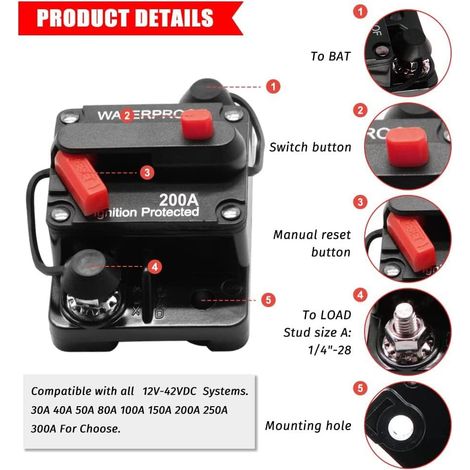 Gebildet Disjoncteur 200A avec Fusible en Ligne étanche à Réinitialisation Manuelle pour Moteurs de Pêche à la Traîne Bateau ATV Alimentation Manuelle 12 V-42 VDC (200 A)