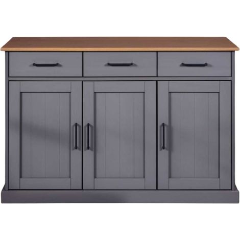 Buffet 3 portes 3 tiroirs en pin massif teinté gris plateau teinté chêne - FABIO