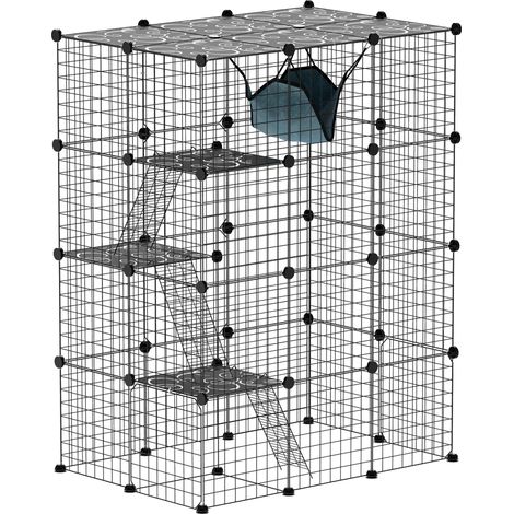 Cage pour chat d'intérieur parc pour chat en acier à 4 niveaux DIY avec 5 portes hamac 1-3 chats 105 x 70 x 140 cm noir (1/5)