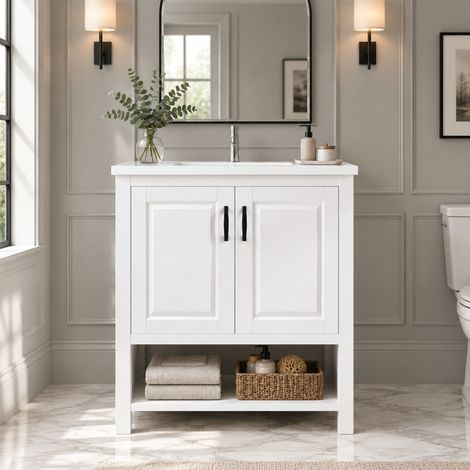 Mueble de baño con lavabo 76,5 x 47 x 83 cm, sobre encimera, doble puerta, blanco DESVIAE (1/5)