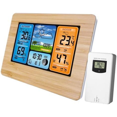 Drahtlose digitale Wetterstation mit Außensensor, Innen- und Außenthermometer mit Zeitanzeige, Temperaturanzeige, Luftfeuchtigkeitsanzeige, Barometer und Wecker (Wood Updates) (1/5)