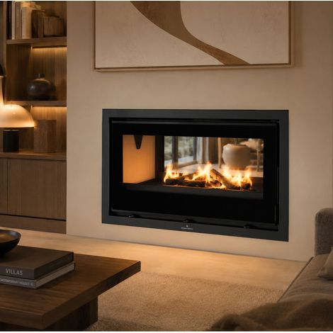 Insert à bois 2 vitres canalisable raccordable - BRONPI Cairo 90D 14 kW Foyer en vermiculite - Avec kit ventilation