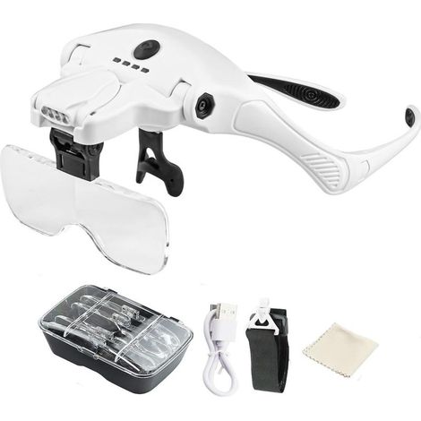 Lunettes loupe avec lumière LED rechargeable, lunettes grossissantes avec lumière, 5 verres amovibles (1,0 x 3,5x), 2 loupes de luminosité réglables, travail de précision pour réparations, couture (1/5)