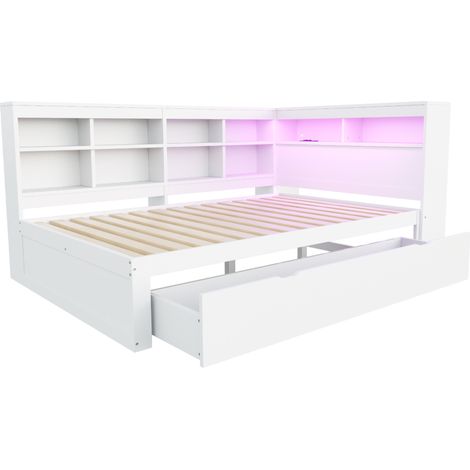 Letto matrimoniale 140 x 200 cm con contenitore, cassetti, USB e LED, bianco (1/5)
