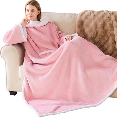 Couverture portable avec manches et poches, châle-couverture doux et chaud pour regarder la télévision. (1/5)