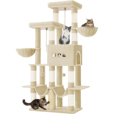 Arbre à Chat, 176 cm, 2 Plateformes Extra-Larges, 2 Grandes Grottes, 9 Poteaux à Griffer en Sisal, 2 Hamacs, Panier pour Chat, Pompons, Convient aux Chats Maine Coon, Beige