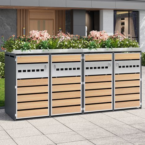 Mobile da giardino copri bidoni 4 scomparti con fioriera, grigio e effetto legno DESVIAE (1/5)