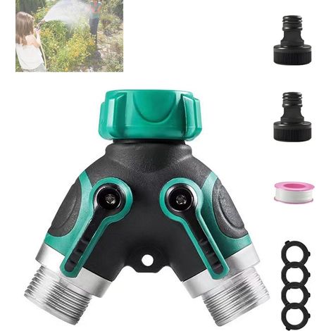 Distributeur d'eau à 2 voies - Tuyau d'arrosage de 1,9 cm - Répartiteur d'eau avec robinets d'arrêt - Distributeur d'eau en Y - 2 voies - Pour machine à laver, cuisine, jardin, pelouse (1/5)