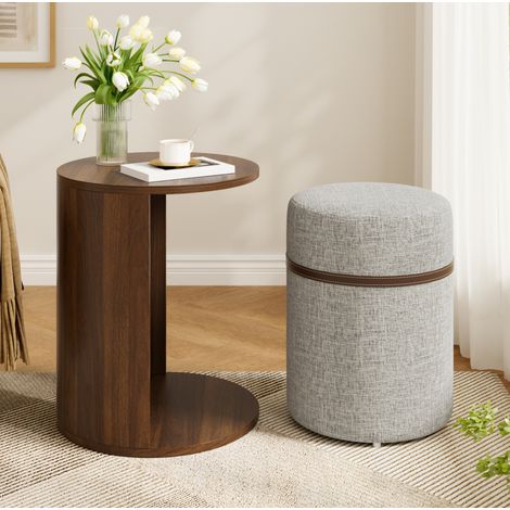 Set da 2 mobili con tavolino rotondo e pouf imbottito a scomparsa, in MDF e legno, finitura legno scuro, salvaspazio per soggiorno e camera da letto FLORAGRACE (1/5)