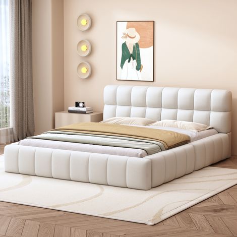 Erwachsenenbett 140x200 cm, mit gepolsterter Kopfstütze in Marshmallow, Lattenrost aus Holz, Metallrahmen, Doppelbett aus Baumwolle und Leinen - Beige