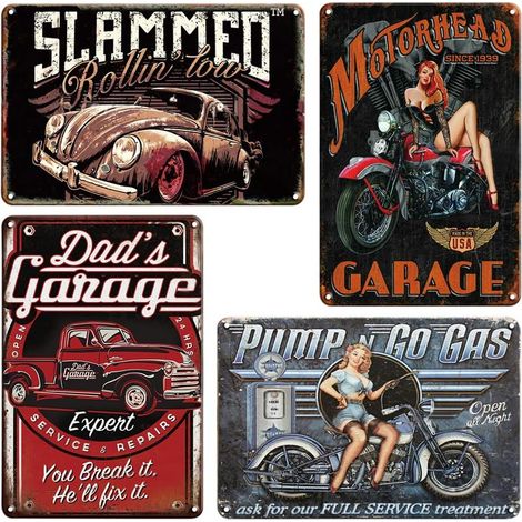 Lot de 4 affiches murales vintage en métal, motif voiture rétro (1/5)