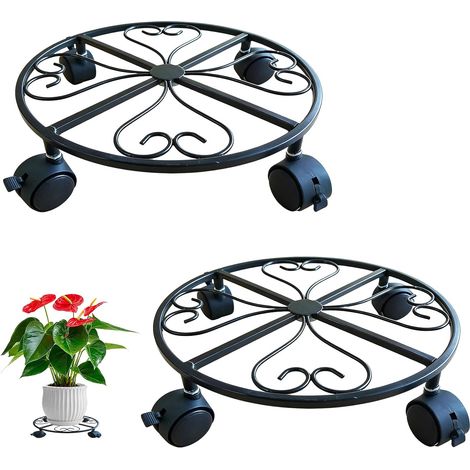 Set di 2 supporti per piante in metallo con ruote: portavasi con ruote Ø30 cm, supporti per piante con ruote per uso interno ed esterno, giardino, balcone (1/5)