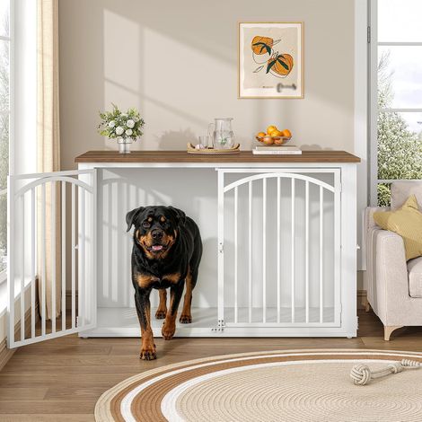 Cage pour Chien, 120x65x81 cm, Niche D'intérieur, Marron et Blanc Meuble Cage Chien et 4 Portes, Cages Bois pour Chiens, Table d'Appoint, pour Chiens de Grande Taille (1/5)