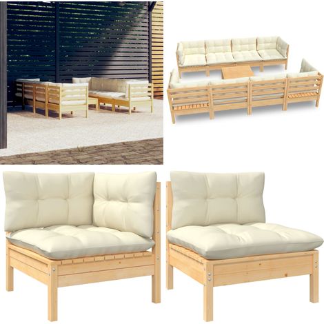 9-tlg. Garten-Lounge-Set mit Creme Kissen Massivholz Kiefer - Gartensessel - Lounge Set - Gartenmöbeln - Outdoor Möbel - Rattan Sessel - Home & Living (1/5)