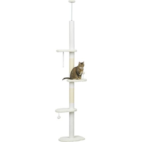 Arbre à chat plafond modulable de 2,25 à 2,55 m avec plateformes de repos, système anti-basculement et balles de jeu, blanc