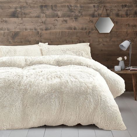 Parure de lit Double avec Housse de Couette et taies d'oreiller en Fausse Fourrure Crème (1/5)