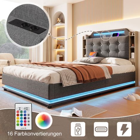 Cama tapizada 140/200 cm gris de lino con LED, almacenamiento hidráulico y USB/Type-C (1/5)