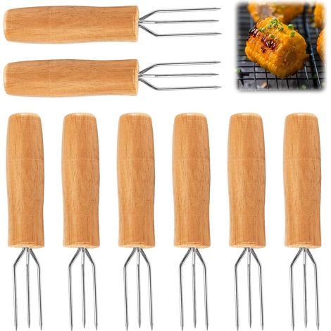 Lot de 8 fourchettes à pommes de terre à 3 dents - Fourchettes à pralines - En acier inoxydable - Fourchette à maïs - Manche en bois de hêtre - Pour légumes, épis de maïs (1/5)