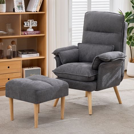 Fauteuil convertible 1 place avec accoudoirs coussin inclus assise mousse structure bois revêtement lin gris 85x78,5x112 cm (1/5)
