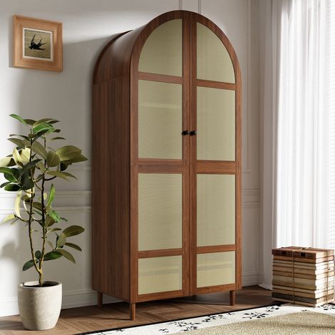 Armoire avec penderie, étagères et tiroir, portes courbées en rotin, 80x50x179 cm, MDF coloris noyer (1/5)