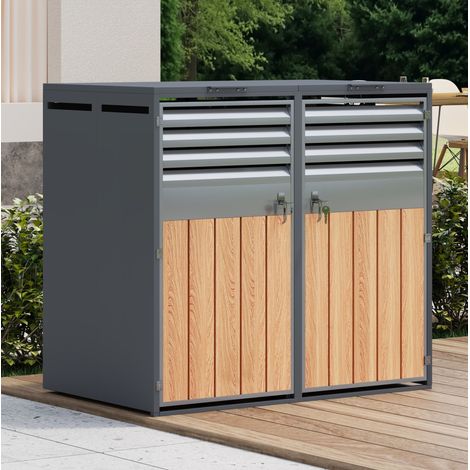Copri bidoni doppio in acciaio galvanizzato 132 x 80 x 118,5 cm grigio effetto legno OKMYHOME (1/5)
