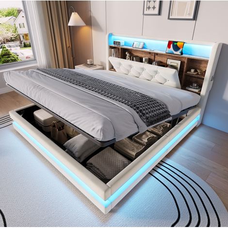 Letto imbottito 140/200 cm in velluto beige con testiera multifunzionale, luci LED e contenitore idraulico (1/5)