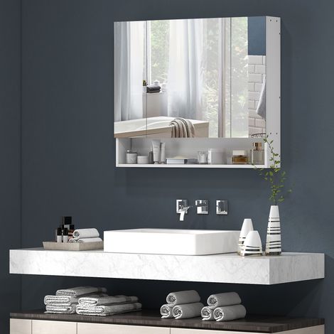 Mobiletto da bagno a parete con specchio, mobiletto a 3 ante con specchio, ripiani regolabili, 90x15x75 cm, bianco