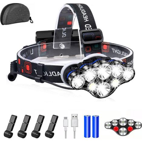 Linterna frontal de 18 000 lúmenes, 8 LED y 8 modos de iluminación, ultrapotente, recargable por USB, ángulo de haz ajustable de 90°, impermeable y ligera, ideal para pesca, camping, lectura y senderi