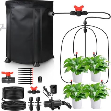 Système d'irrigation goutte à goutte avec seau pliable de 100 L, pompe de 25 W et 8 goutteurs pour intérieur, pelouse, serre et terrasse. (1/5)