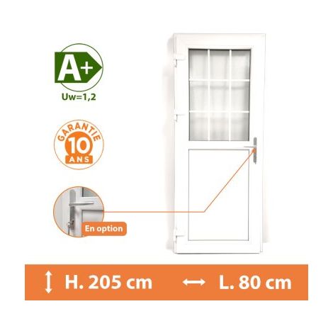 Direct Fenêtres – Porte de service PVC 1/2 vitrée – Isolation thermique A – H.205 x l.80 cm – Vitrage feuilleté retardateur d’effraction – Seuil extra plat PMR
