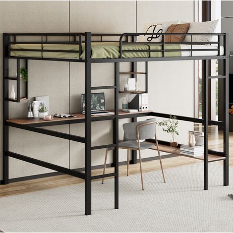 Lit mezzanine métal noir 140x200 cm avec bureau, étagères et sommier à lattes inclus (1/5)