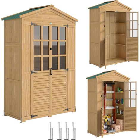 Armoire de jardin en bois avec fenêtre transparente, dimensions : 128 x 57,5 x 197 cm, marron clair. (1/5)