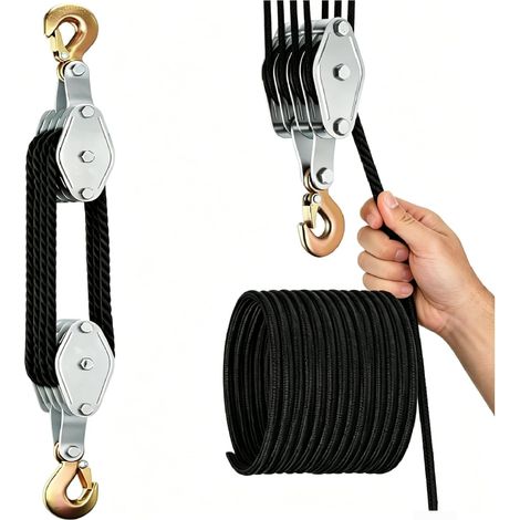 Poulie économiseur de travail avec nylon de 20 m, rotatif à 270 °, économiseur de travail, 2000 kg, force de levage 8:1, charge lourde, avec frein à câble, pour chasse, garage, entrepôt (1/5)