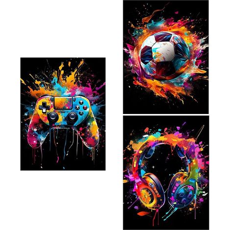 3 PièCes Poster Coloré Avec Casque Audio Et Manette De Jeu (1/5)