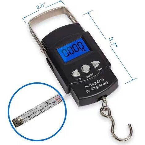 Fishing scale, electronic hook scale, digital electronic scale, LCD display with backlight, 50 kg/110 lbs - wide stainless steel handle - 2 AAA batteries included