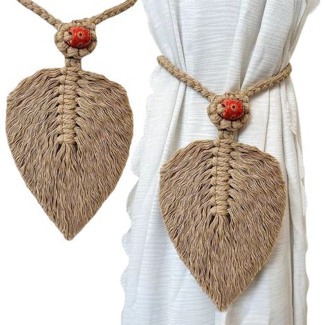 Cinta tejida de cuatro hebras (Heather) / 2 piezas, alzapaños de cortina hechos a mano con estampado de hojas, alzapaños de cortina estilo bohemio con flecos (1/4)