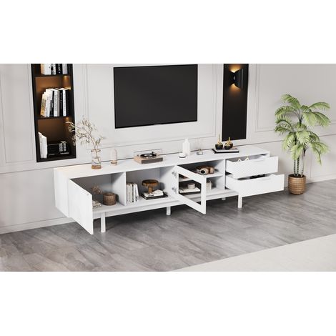 Meuble TV 200 cm blanc 2 portes dont 1 vitrée et 2 tiroirs meuble télé pour téléviseur 80 pouces (1/5)