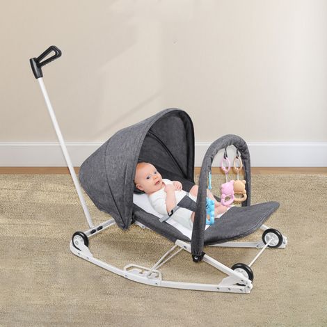 Hofuton Transat Bébé avec 4 Réglages de Vitesse et Dossier Réglable sur 3 Positions, Poussette Bébé Pliable avec Arche de Jeux Jouets, Moustiquaire - Gris (1/5)