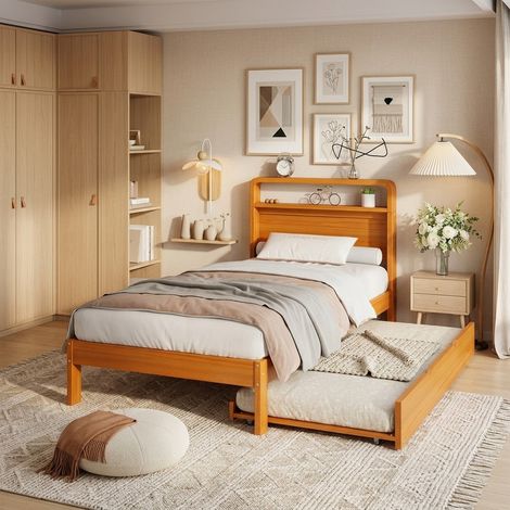 Lit en bois 90x200 cm avec lit gigogne 90x190 cm, lit 1 personne, extractible, tête de lit arrondie, pin, naturel (1/5)