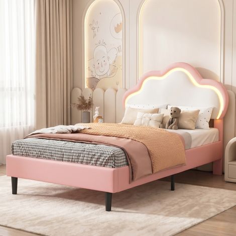 Lit fille 90x200 cm,Lit enfant avec LED et tête de lit en forme d'arc-en-ciel, lit simple avec sommier à lattes,PU,Rose (1/5)