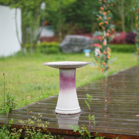Bain d'oiseau en céramique fait main (Ø 43 cm, hauteur 45 cm), glaçure dégradée blanc-rose rouge à motif ondulé, résistant aux intempéries et au gel, pour jardin, terrasse et balcon (1/5)