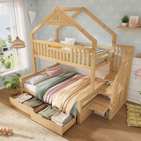 Lit superposé enfant 90x200 & 140x200cm - lit cabane en bois avec escalier, 2 tiroirs, toit à pignon, lit familial, couleur chêne (sans matelas) (1/5)