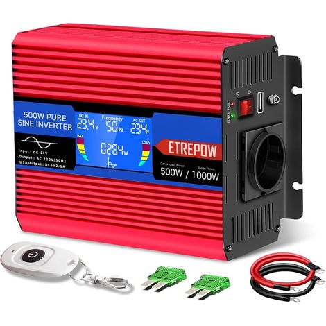 500W Convertisseur 24v 220v Pur Sinus Transformateur -1 Prise EU de Courant Alternatif,2 Port USB,télécommande sans Fil et écran LCD, pour Voiture, Camping, Voyage (1/5)